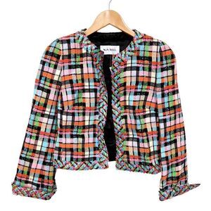 NWT Weill Paris Tweed Blazer Jacket Rainbow Black Plaid Colorful size 8